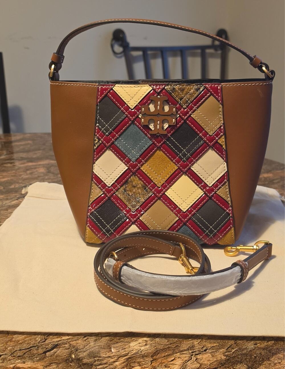 Tory Burch McGraw Patchwork Small Bucket Bag Leather Crossbody Dust Bag